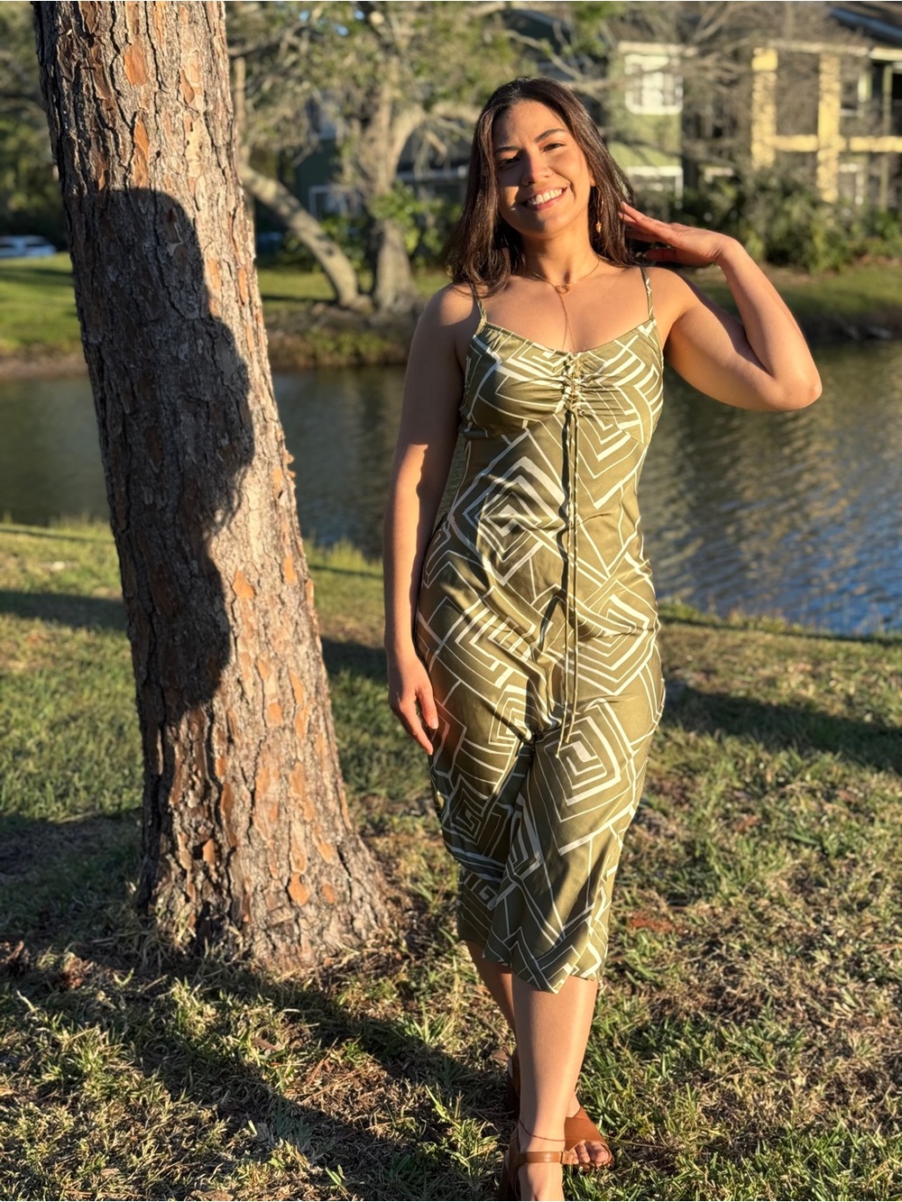 Olive Geometric Print Tie-Front Midi Dress - Women